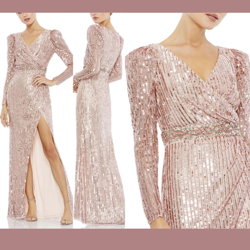 NWT $598 Mac Duggal [ 16 ] Sequin Puff Sleeve‎ Surplice Gown in Rose Pink #J89